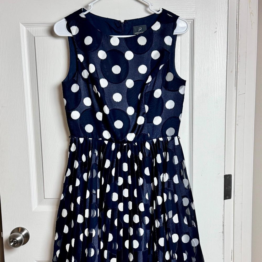 Adrianna Papell Navy Polka Dot Dress, Sleeveless Size 4 - Picture 2 of 11